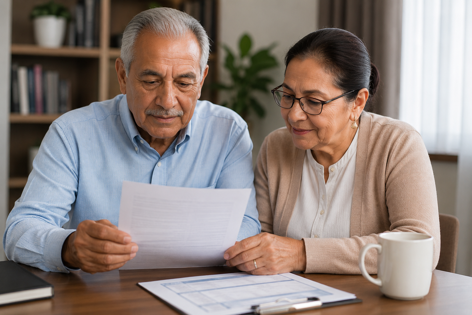 Pareja de pensionados revisando documentos